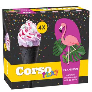 Inghetata la cornet cu vata de zahar si zmeura Play Flamingo (4x130ml) 520ml