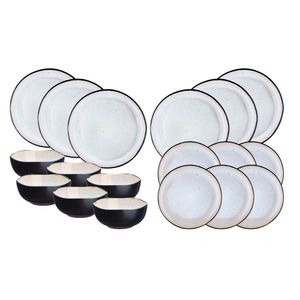Set vesela ceramica glazurata Iris, negru, interior alb, 18 piese, 6 persoane