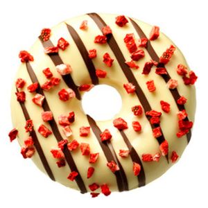 Gogoasa cu glazura de ciocolata alba, bucati de capsune si umplutura de capsune, fully baked 73g